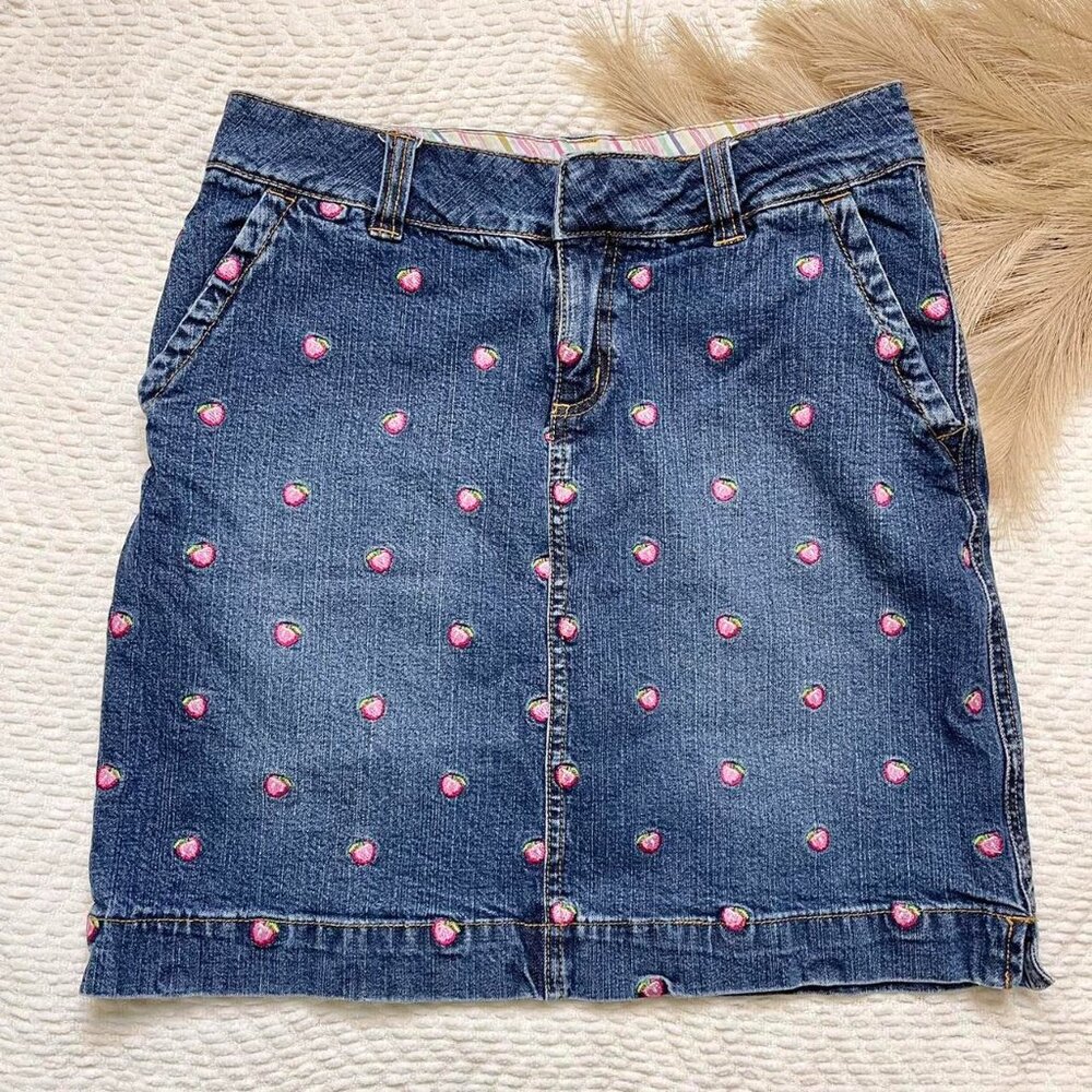 Vintage Blue Denim Mini Skirt with Pink Embroidered Dots
